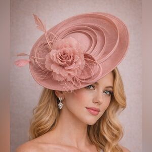 Kentucky Derby Oaks Pink Floral Feather Bow Fascinator Hat Easter Tea Church